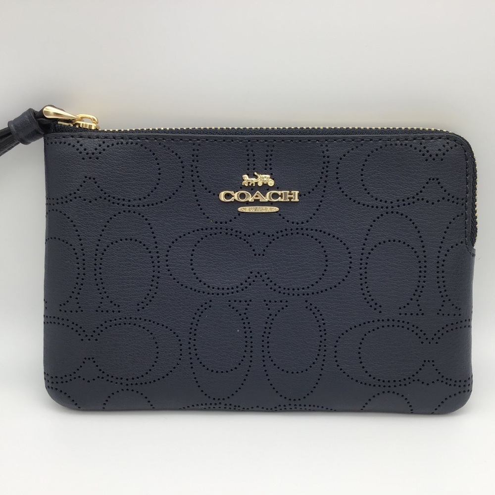 Coach Corner Zip Perforated Leather Midnight Blue